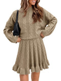 Tankaneo Womens 2 Piece Sweater Skirts Set Chunky Cable High Neck Long Sleeve Sweaters Ruffle Mini Skirt Lounge Set