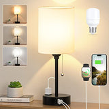 Small Bedside Table lamp for Bedroom - 3 Color Temperatures Bedside Lamps with USB C and A Ports, Pull Chain Table Lamps with AC Outlet