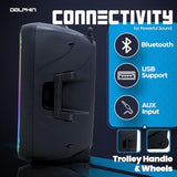 Dolphin Elite 2115R: High-Powered 15" Portable Bluetooth Party Speaker – Rechargeable with Multicolor LED Lights, XLR & AUX Inputs, Long-Lasting Battery, and Monster Bass