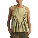 Hixiaohe Shirred Swing Tank Tops for Women Fashion Flowy Sleeveless Shirts Casual Crew Neck Blouse Loose Fit Ruffled Tops(Green,M)
