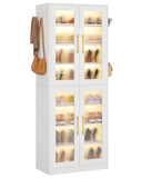 Tribesigns Tall Shoe Storage Cabinet with Acrylic Doors and LED Lights, 8-Tier Entryway Shoe Organizer Rack with Adjustable Shelves and Hanging Hooks for Narrow Closet, Hallway, Living Room, White