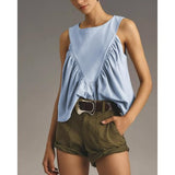 Hixiaohe Shirred Swing Tank Tops for Women Fashion Flowy Sleeveless Shirts Casual Crew Neck Blouse Loose Fit Ruffled Tops(Light-Blue,XS)