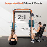 Smith Machine with Independent Dual-Pulley System, 1700LBS Adjustable Cable Crossover Squat Rack, Multi-Functional Power Cage for Home Gym