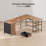 Huuger 63 Inch L Shaped Desk with Fabric Drawers, Computer Office Desk with Power Outlets and USB-C Port, Corner Desk with Storage Shelves