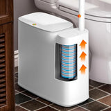 CTIME Bathroom Trash can Set, 2 Gallon White Small Trash Can with Lid, Disposable Toilet Brush, Storage Caddy and 12 Refills