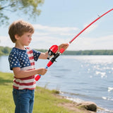 WIDDEN Kids Fishing Pole - Portable Telescopic Fishing Rod Set with Spincast Reel, Net, Bucket and Tackle Box - Patriotic American Flag Fishing Gear for Boys Girls Youth - 4th of July Gift