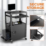 Mobile AV Cart with Side Shelves, Rolling Computer Cart Height Adjustable Rolling Media Utility Cart with Pullout Keyboard Tray