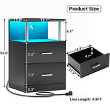 AOGLLATI Nightstand with Charging Station and LED Lights, Nightstands Set of 2, Bedside Table with Open Storage and 2 Drawers, 2 USB Ports, 2 Outlets, Modern End Side Table for Bedroom, Black