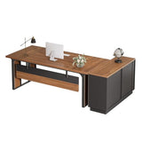 63" Executive Desk, Modern Office Desk with Privacy Panel & Metal Frame, Large Computer Desk for Home Office (Brown & Black, Only Table)