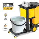 3-Shelf Commercial Cleaning Cart, Housekeeping Caddy with Locker,Wheeled with Yellow Vinyl Bag,