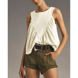 Hixiaohe Shirred Swing Tank Tops for Women Fashion Flowy Sleeveless Shirts Casual Crew Neck Blouse Loose Fit Ruffled Tops(White,S)