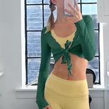 Talakeno Womens Ballet Wrap Tops Cropped Long Sleeve Self Tie Front Shirt Y2K Workout Yoga Pilates Dance Cover Up Blouse(Dark-Green,S)