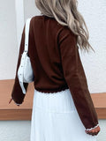 Mieazom Women's Long Sleeve Cardigan Button Down Knit Jackets Open Front Cropped Contrast Color Trim Sweaters Fall Winter Tops Brown S