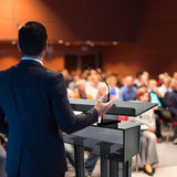 Kingdom 3 Tier Smoky Acrylic Lectern or Podium by AVTronics with 6 Column Base and a Wide Middle Shelf with Plenty of Space for Your Presentation Needs