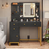 AOGLLATI Makeup Vanity with Lights in 3 Colors, Black Vanity Desk with Mirror and Lights, Vanity Table with Charging Station, Makeup Desk with Visible Drawers, Hidden and Open Storage Shelves