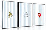 3Pcs Coastal Kitchen Wall Art Blue Striped Sardines Olives Tomatoes Wall Decor Pictures Summer Mediterranean Food Posters Prints for Dining Room Beach House Decoration Unframed 16x24in