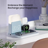 Alarm Clock Charging Station for Bedrooms, 7 in 1 Wireless Charging Station, Magnetic Charger with Night Light Bedside Clock for iPhone 17 16 15 14 13 12 Pro Max, Apple Watch, AirPods (Blue)