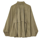 Talakeno Womens Puffed Bomber Jacket Casual Batwing Sleeve Lapel Collar Zip Shirts Oversized Pleated Streetwear Jackets(Green,M2)