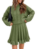 Tankaneo Womens 2 Piece Sweater Skirts Set Chunky Cable High Neck Long Sleeve Sweaters Ruffle Mini Skirt Lounge Set