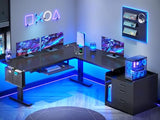 L Shaped Electric Standing Desk with File Cabinet, 63 x 53'' Height Adjustable Home Office Computer Desk with Drawers, Power Outlet