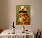 Funny Cat Bathroom Canvas Wall Art Cool Orange Tabby Cat Drinking Coffee Wall Decor Pictures Maximalist Preppy Aesthetic Posters Prints for Cafe Bar Bathroom Home Decoration 12x16in