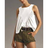 Hixiaohe Shirred Swing Tank Tops for Women Fashion Flowy Sleeveless Shirts Casual Crew Neck Blouse Loose Fit Ruffled Tops(Pure-White,L)