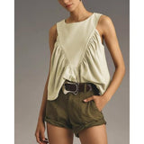 Hixiaohe Shirred Swing Tank Tops for Women Fashion Flowy Sleeveless Shirts Casual Crew Neck Blouse Loose Fit Ruffled Tops(Light-Khaki,XL)