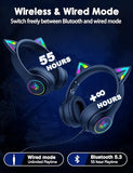 Cat Ear Bluetooth Headphones for Kids & Adults, 55H Play Time, Wireless Foldable & Wired Multi-Function LED Light Up Over Ear