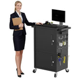AV Cart - Heavy Duty Computer Cart with 2 Cabinets, Rolling Media Cart with 4 Outlets & Pegboard & Hooks