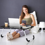 Foldable Laptop Bed Table Tray - Folding Lap Desk with Cup Holder - Portable Serving Breakfast Tray with Storage Drawer