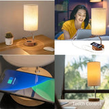 Bedside Table Lamp with Wireless Charger & USB Port - Touch Control LED Desk Lamp for Bedroom, 3-Way Dimmable Wooden Nightstand Lamp