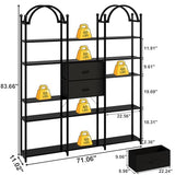 Triple Wide 6 Tier Bookshelf, Black Arched Bookcase with 16 Open Display Shelves and 3 Fabric Storage Drawers,