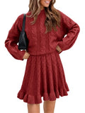 Tankaneo Womens 2 Piece Sweater Skirts Set Chunky Cable High Neck Long Sleeve Sweaters Ruffle Mini Skirt Lounge Set
