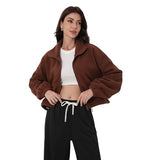BOWOXO Cropped Fleece Winter Hiking Jacket for Women Cozy Fleece with Secure Side Pockets with 3F Zipper Long Sleeve Windproof Coat（Coffee，XL）
