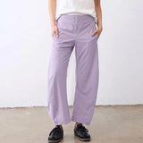 SeeLuNa Women Barrel Travel Pants Elastic Waistband Tapered Leg Baggy Mid Rise Work Trousers Lounge Pant with Pockets(Light-Purple,M)