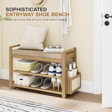Homaxy 2-Tier Shoe Rack Bench with Side Holder, 28.2 in Bamboo Entryway Bench, Shoe Rack Organizer with Cushion for Front Entrance, Hallway Living Room Bedroom, Walnut and Light Brown