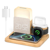 Alarm Clock Charging Station for Bedrooms, 7 in 1 Wireless Charging Station, Magnetic Charger with Night Light Bedside Clock (Wood)