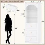 Cyclysio 80" Tall Bookshelf with 3 Drawers, Arched Bookcase with 3 Open Shelves