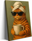 Funny Cat Bathroom Canvas Wall Art Cool Orange Tabby Cat Drinking Coffee Wall Decor Pictures Maximalist Preppy Aesthetic Posters Prints for Cafe Bar Bathroom Home Decoration 12x16in