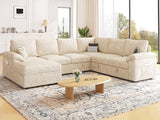 108'' Modular Sectional Sofa with Pull Out Bed, Sleeper Sofa, Beige | U Shaped 7 Seat Sectional Couches for Living Room