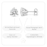 IGI Certified 1 1/2 to 4 Carat Lab Grown Diamond Round Stud Earrings