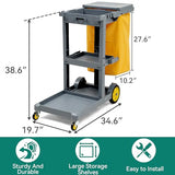Janitorial Cart Cleaning Carts on Wheels, Gray Housekeeping Carts, 3-Shelf Commercial Traditional Plastic Janitor Cart
