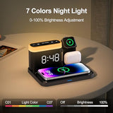 ANJANK Wireless Charging Station,5 in 1 Multiple Charger Stand with Alarm Clock,7 Night Light, Mag-Safe Charging Dock for iPhone