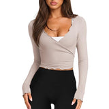 Talakeno Womens Ballet Wrap Tops Cropped Long Sleeve Self Tie Front Shirt Y2K Workout Yoga Pilates Dance Cover Up Blouse(Light-Coffee,M)