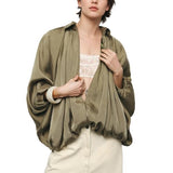 Talakeno Womens Puffed Bomber Jacket Casual Batwing Sleeve Lapel Collar Zip Shirts Oversized Pleated Streetwear Jackets(Green,M2)
