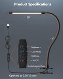 JHD LED Desk Lamp with Clamp - Adjustable 3 Color Modes 10 Brightness Level Table Lamp, USB Eye Caring Flexible Gooseneck Desk Light, Black