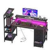 51 Inch Gaming Desk with Power Outlet and LED Lights, Computer Desk with 4 Drawers & Storage Shelves, Reversible Home Office Desk