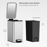 EKO Small Bathroom Trash Can with Lid Soft Close, Step Pedal, 10 Liter / 2.6 Gallon Stainless Steel Garbage Can (Silver)