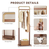 Taitiy Clothes Rack Solid Wood Coat Rack, Metal and Solid Wood Combination Clothing Rack with Wheels for Entryway, Bedroom, Living Room