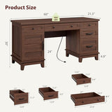 Executive Desk with File Drawers, Farmhouse Home Office Desk with Charging Station, 60 in Wooden Computer Desk, Walunt Brown